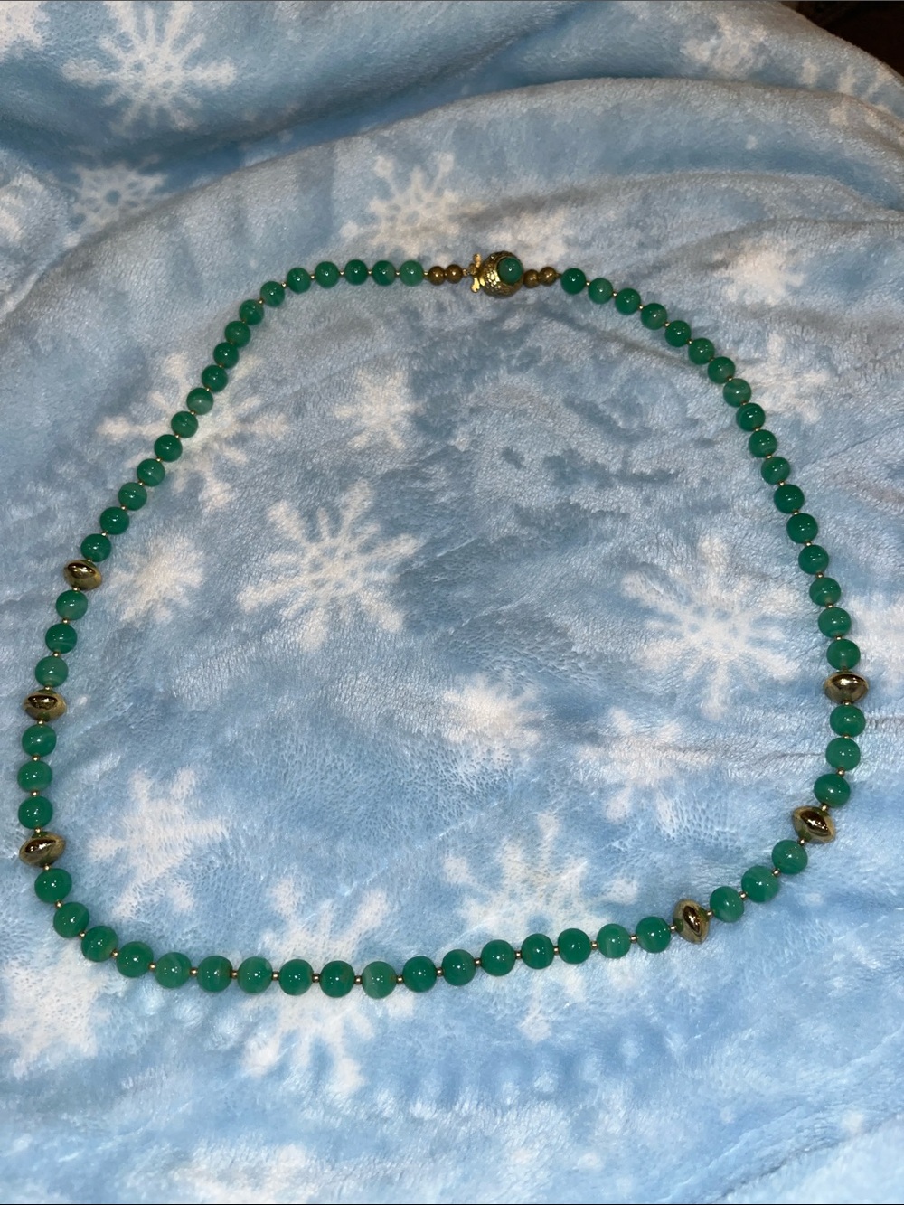 Vintage Japanese Green Beaded Necklace with Gold Accents